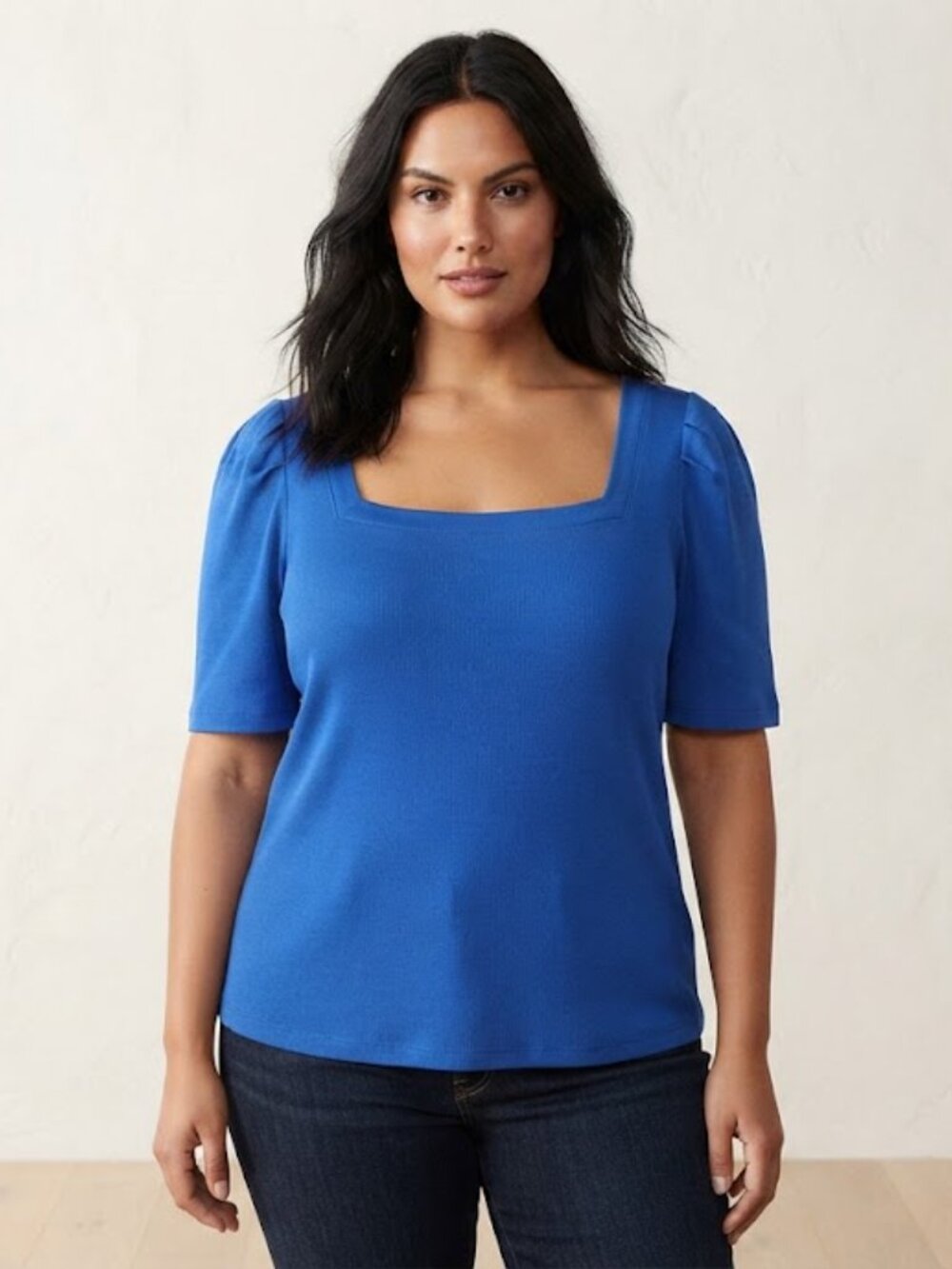 Lauren Ralph Lauren Black Label Cotton Modal Ribbed Puff Sleeve Top Blue XL